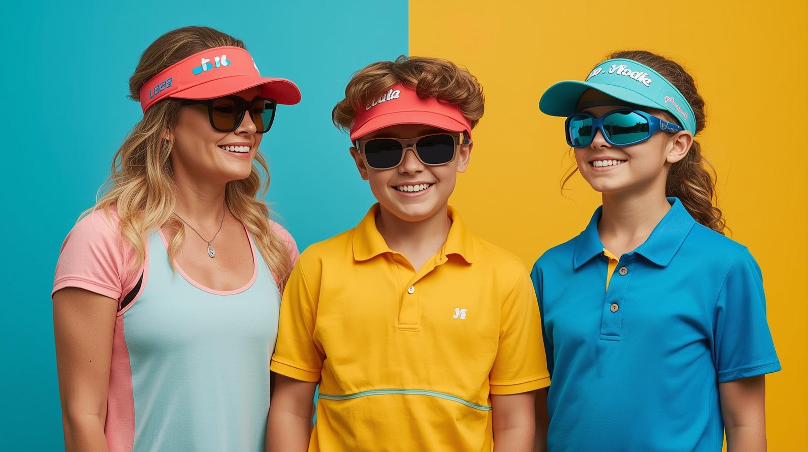 a woman, a boy and a girl wearing fashionalble visor and sunglasses with vibrant colored polo shirts, the background is green, blue and yellow